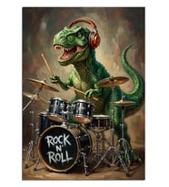 Bateri Çalan T-Rex Dinozor Rock Dekoratif Kanvas - Mdf Ahşap Tablo