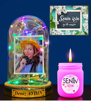 Kişiye Özel Renkli Led Işıklı Fanus ve Renkli Mis Kokulu Mum Hediye Seti DN1 (Model 1)