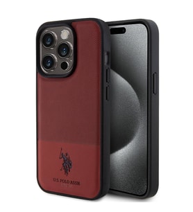 Apple iPhone 15 Pro Uyumlu Kılıf U.S. Polo Assn. Orjinal Lisanslı Suni Deri Arka Yüzey Baskı Logolu Örgü Desenli Kapak (Kırmızı)