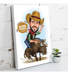 Rodeo Yapan Kovboy Karikatürlü Kanvas Tablo