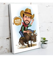 Rodeo Yapan Kovboy Karikatürlü Kanvas Tablo