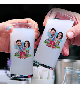 Bisikletteki Çift Karikatürlü İkili Rakı Bardağı Seti