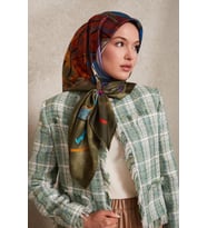 Karmaşık Desen Twill İpek Eşarp-0915 (Yeşil)