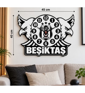 Beşiktaş Çift Kartal Duvar Saati 45x40 cm 3 mm MDF Kişiye Özel İsimli Taraftar Dekorasyonu