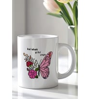 Mizahi Yazılı Kelebek Desenli 330ml Baskılı Beyaz Seramik Kupa Bardak