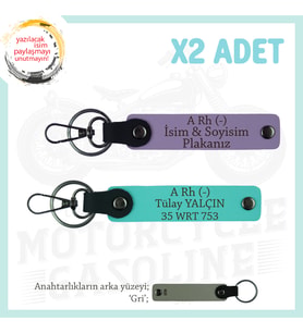 Motosiklet Aşıkları İçin, İsim Plaka ve A Rh (-) Kan Grubu, Acil Durum x2 Anahtarlık, Mor-Turkuaz-Gr