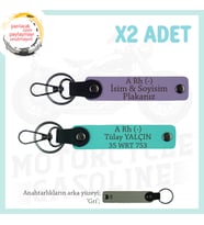 Motosiklet Aşıkları İçin, İsim Plaka ve A Rh (-) Kan Grubu, Acil Durum x2 Anahtarlık, Mor-Turkuaz-Gr