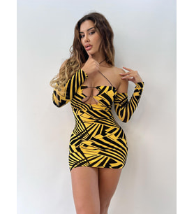 Sarı Flog Baskılı Mini Elbise