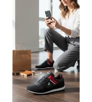 Enoch Erkek Siyah Kırmızı Şeritli Retro Spor Ayakkabı - Armalı Günlük Koşu Sneaker