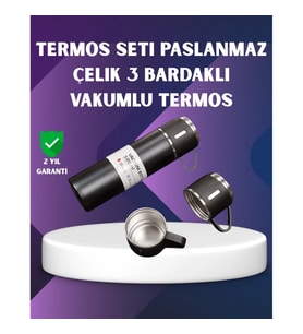 Mey İthalat® Paslanmaz Termos ve İkili Bardak Seti 6-12 Saat Sıcak/Soğuk Tutma
