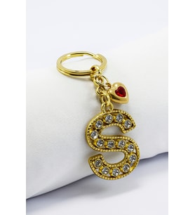 Kırmızı Parlak Kalpli Gold Renkli Kristal Taşlı Metal S Harfi Anahtarlık /Minik Çanta Süsü