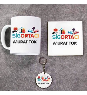 Sigortacı Kupa Bardak Altlık ve Anahtarlık Hediye Seti (Model 1)