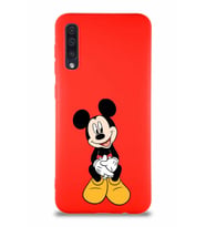 Samsung Galaxy A50 Soft Premier Kapak Mickey Mouse-A Tasarımlı Silikon Kılıf - Kırmızı (Şeffaf)