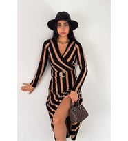 kadın kemerli midi boy çizgili elbise KKLF48
