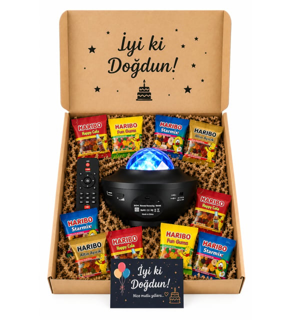 Doğum Günü Özel Gün Galaksi Gece Lambası 21 Işık Gösterisi + Haribo Jelibonlu Hediye Seti