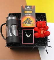 French Press & Portakal Çiçeği Çayı & Peluş Ayıcık Anahtarlık & Mikail Melek Kolye Hediye Seti