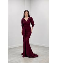 Simli Kumaş Balık Model Volan Detaylı Abiye Elbise - BORDO