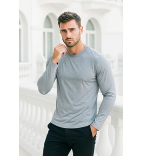 Erkek Uzun Kollu Bisiklet Yaka Tişört - %100 Pamuk Basic Relaxed T-shirt