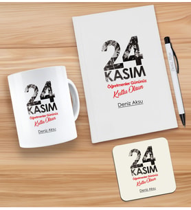 BK Gift Kişiye Özel İsimli Öğretmenler Günü Tasarımlı Beyaz Defter, Tükenmez Kalem, Kupa ve Bardak Altlığı Hediye Seti- 11, Öğretmene Hediye, Öğretmenler Günü