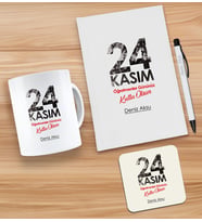 BK Gift Kişiye Özel İsimli Öğretmenler Günü Tasarımlı Beyaz Defter, Tükenmez Kalem, Kupa ve Bardak Altlığı Hediye Seti- 11, Öğretmene Hediye, Öğretmenler Günü