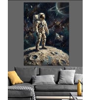 Ay Yüzeyinde Yürüyen Yalnız Astronot Dekoratif Kanvas - Mdf Ahşap Tablo