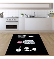 Good Food Kitchen Halı Dijital Baskı Yıkanabilir Kaymaz Taban Leke Tutmaz Mutfak Halısı ve Yolluk (Siyah)
