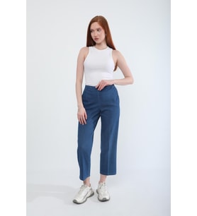 Kadın Beli Lastikli Likralı Yan Cepli Jean Pantolon Mavi
