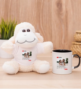 Kişiye Özel Youtube Tasarım Fotoğraflı Peluş Koyun ve Siyah Kupa