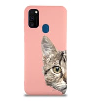 Samsung Galaxy M21 Uyumlu Lansman Kılıf Catface Tasarımlı İçi Kadife Kapak-Pembe (Şeffaf)