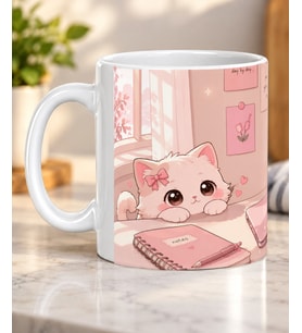 Pembe Estetik Çalışma Masası ve Kedi Desenli Sevdiklerinize Hediye Porselen Kupa Bardak