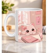 Pembe Estetik Çalışma Masası ve Kedi Desenli Sevdiklerinize Hediye Porselen Kupa Bardak