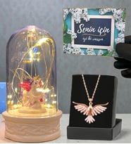 Led Işıklı Fanus ve Zümrüdü Anka Kuşu Kolye Hediye Seti (Model 1)