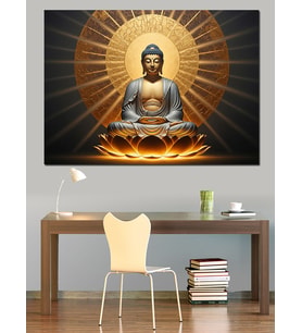 Mandala Işığı Önünde Meditasyon Yapan Buda Dekoratif Kanvas - Mdf Ahşap Tablo