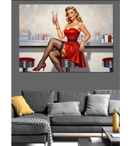 Çilekli Milk Shake İçen Bar Taburesindeki Kırmızı Elbiseli Pin-Up Kadın  Dekoratif Kanvas - Mdf Ahşap Tablo