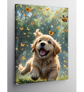 Kanvas Tablo Golden Köpek Ve Kelebekler