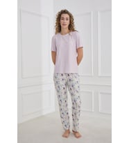 Kadın Bisiklet Yaka Çiçek Desenli Pijama Takım  Lila 30102-1168