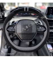 Peugeot 2008 Dikme Direksiyon Kılıfı Parlak Siyah Gri Detaylı Gri Çift Yüzük ve Dikiş 2019-2024