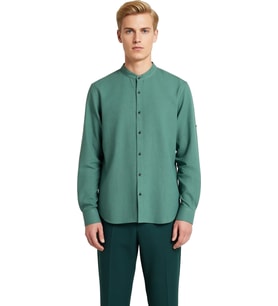 Erkek Keten Görünümlü Pamuklu Hakim Yaka Slim Fit Uzun Kollu Modern Kesim Gömlek Dayanıklı