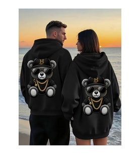 Sevgili Kombini Oversize Hoodie – Cool Ayıcık Baskılı 3 İplik Sweatshirt Unisex 2'li Set (Siyah)