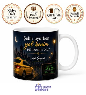 Taksi Şoförü Gece Mesaisi Taksimetre Temalı Kupa Bardak Hediye