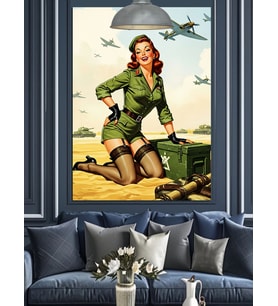 Askeri Tarzda Pin-Up Kız Dekoratif Kanvas - Mdf Ahşap Tablo