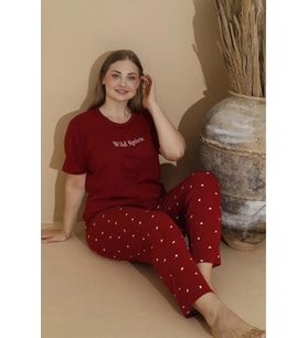 Boyraz Kadın Milan Büyük Beden Bisiklet Yaka Kısa Kol İnce Pijama Takımı 11053 - 1 Adet (Bordo)