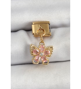 316L Çelik Sallantılı Zirkon Taşlı Çiçek Figürlü Kelebek Model Gold Renk No - SSSSSS3505-6