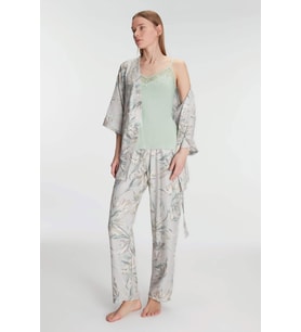 Kadın Mint İnce Askılı Dantel İşlemeli Yaprak Desenli Sabahlıklı Pijama Takımı (Renksiz)
