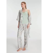 Kadın Mint İnce Askılı Dantel İşlemeli Yaprak Desenli Sabahlıklı Pijama Takımı (Renksiz)