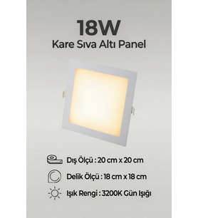 18W Kare Sıva Altı LED Panel Armatür 3200K Gün Işığı – 20x20 cm 18x18 cm Delik Ölçüsü