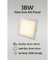 18W Kare Sıva Altı LED Panel Armatür 3200K Gün Işığı – 20x20 cm 18x18 cm Delik Ölçüsü