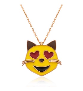 Gümüş Kalp Gözlü Kedi Emoji Bayan Kolye (Çok Renkli)