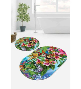 Renkli Çiçekli Desen Oval Banyo Klozet Paspas Seti BS100