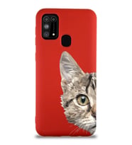 Samsung Galaxy M31 Uyumlu Lansman Kılıf Catface Tasarımlı İçi Kadife Kapak-Kırmızı (Şeffaf)